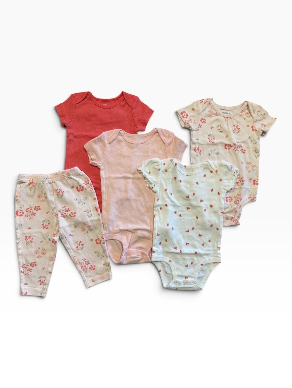 Carter's Baby Clothing Set 9M - 3 Short Sleeve Bodysuits and Floral Pants